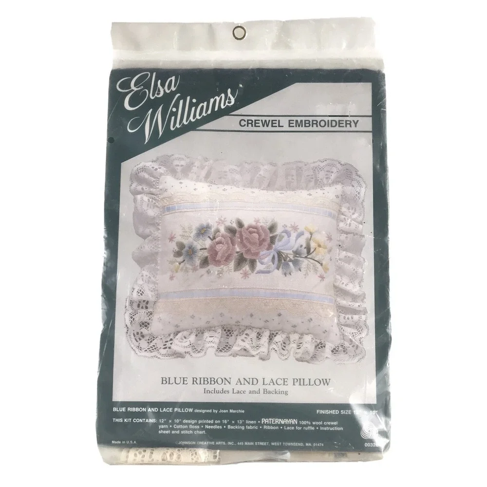 Elsa Williams Crewel Embroidery Pillow Kit Blue Ribbon And Lace Floral 12X10 New